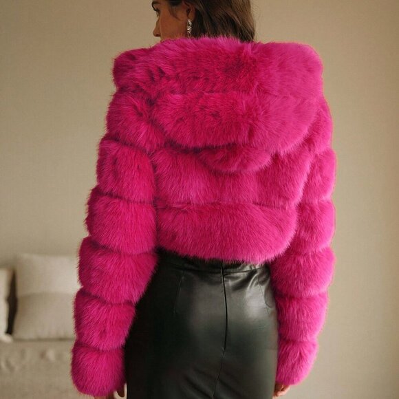 Hot Pink Casual Women's Elegant Faux  Fur Trim Coat jacket outerwear - Picture 3 of 8